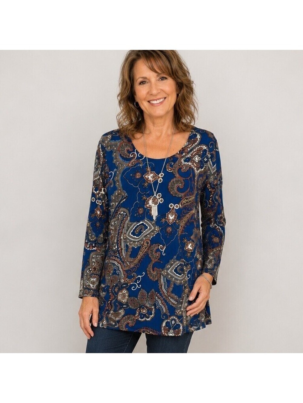 Chico’s Size 2 Large Blue Paisley Tunic Blouse Long Sleeve Stretch Boho Career
